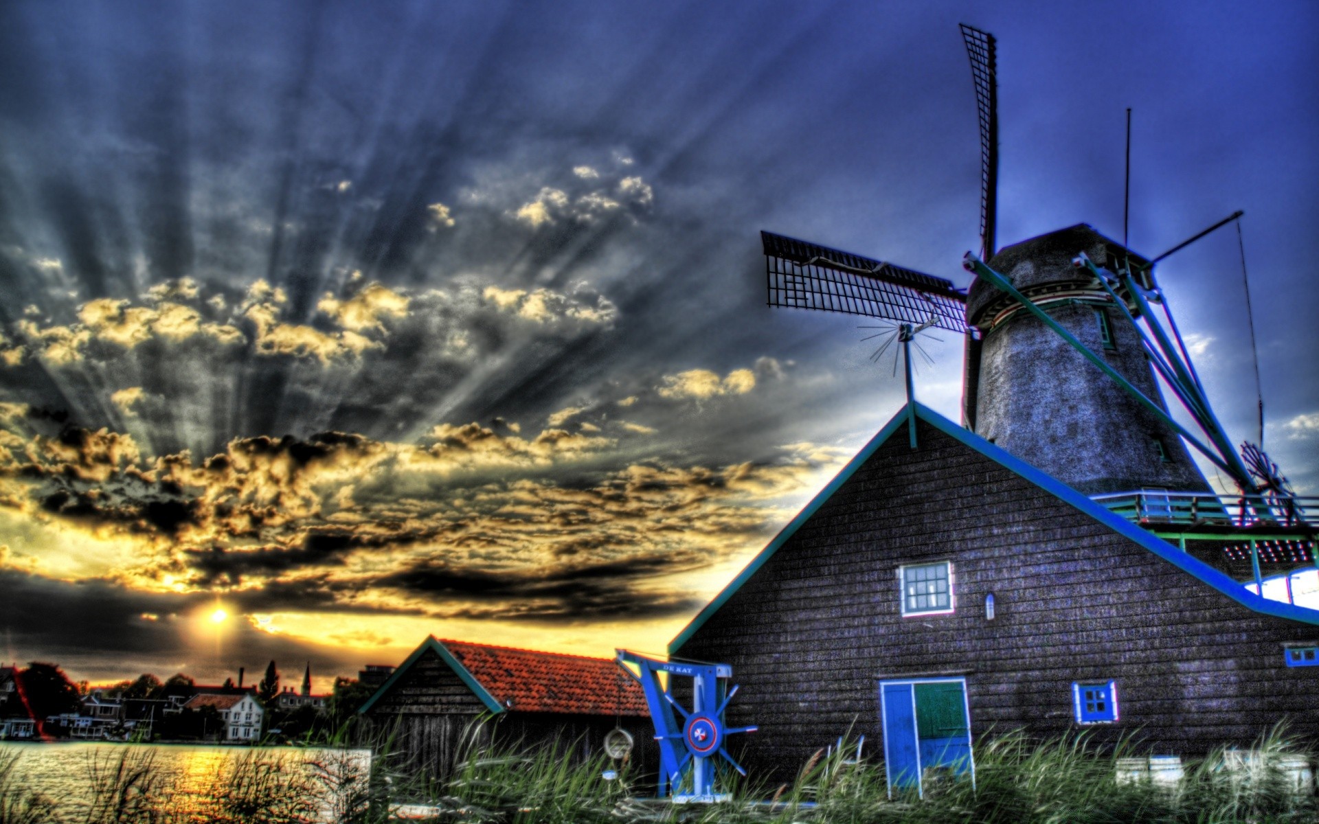 europe windmill sky house architecture landscape nature travel grinder sunset outdoors building evening wind dawn water farm energy cloud light