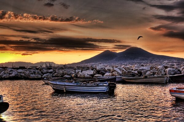 Boat on the sea surface in the evening