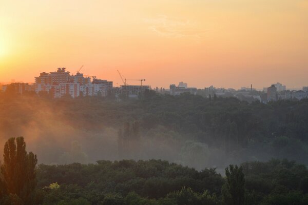 Misty dawn illuminates the construction site