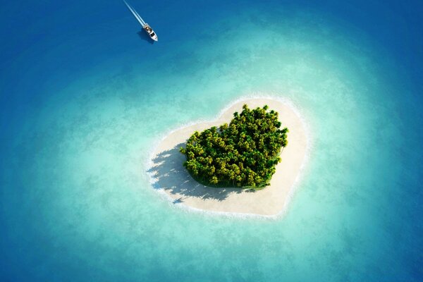 Aerial view of a heart-shaped tropical island