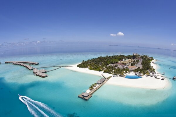 Artificial island on snow-white sand