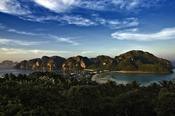 The landscape of the mountains is densely populated with trees around the water