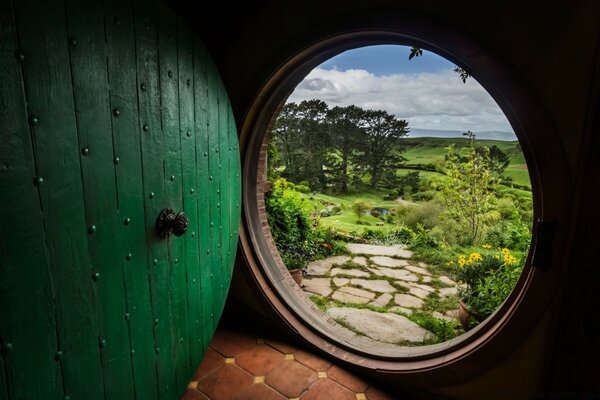 View from the round door to the landscape