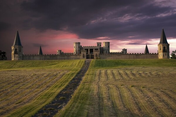 Big castle in the evening near the field