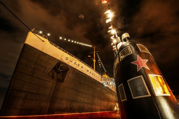 A huge ship at night with lamps