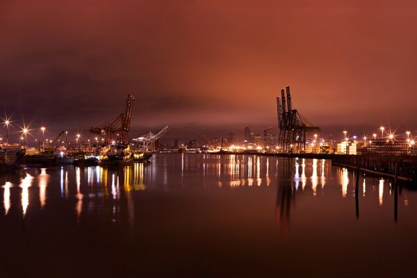 Night city lights with water display