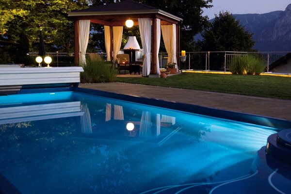 A warm pool by a beautiful gazebo