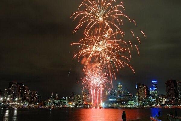 Hermosos fuegos artificiales en la ciudad de la noche deleitan