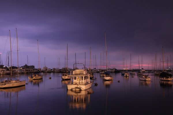 Harbor with yachts on a purple background